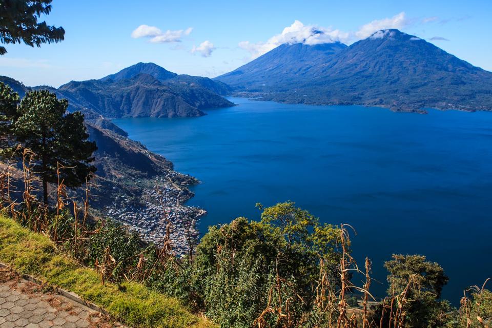 Lake Atitlán with volcanoes rising from its shore