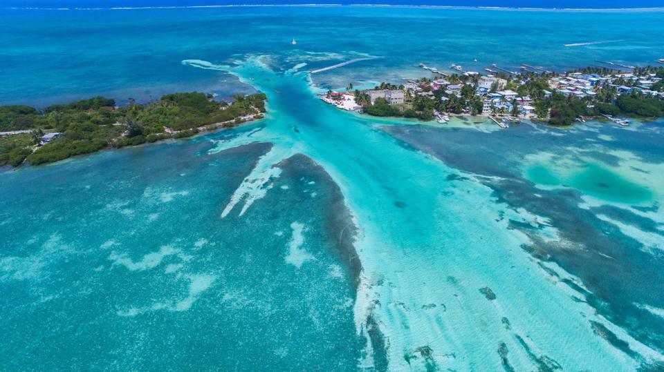 Aerial view of Caye Caulker and its turquoise channel