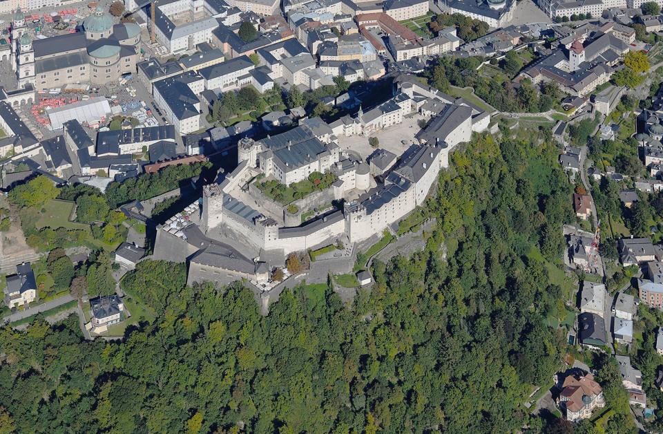 Aerial view of Hohensalzburg Fortress above the city