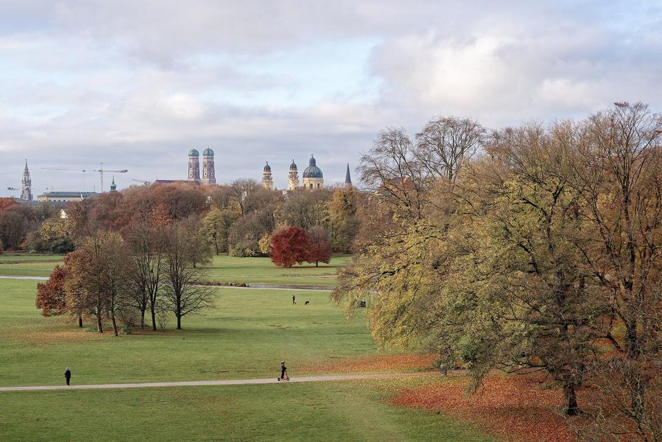 The English Garden with Munich's Old Town towers beyond