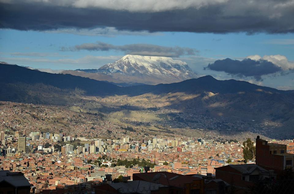La Paz filling the valley below snow-capped Illimani